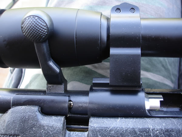 View from side of Bolt Clearance with Warne High Rings and a Nikon 1x20 Buckmaster Scope on CVA Firebolt